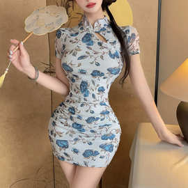 新中式旗袍裙短款少女气质收腰显瘦纯欲风镂空包臀新款连衣裙ins