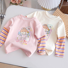 女童纯棉长袖T恤秋季卡通上衣中小童春秋款女宝宝条纹拼接打底衫3