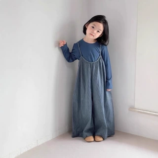 韩版童装女童套装2025春秋新款森系蓝灰条长款吊带裤+蓝色打底衫