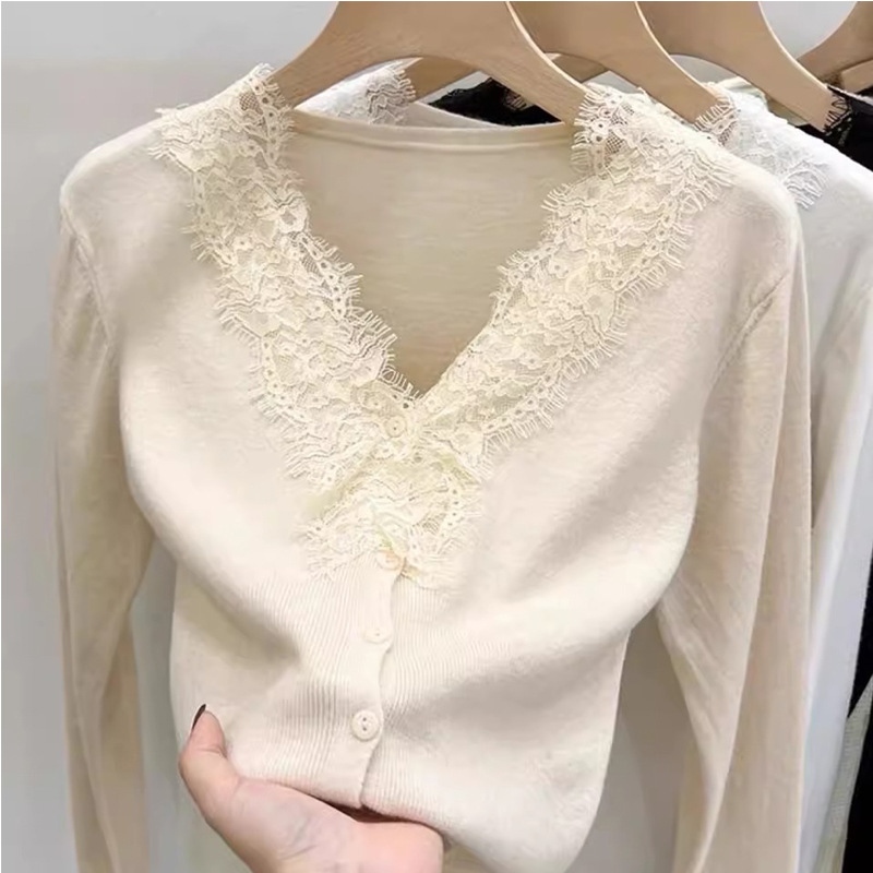 French Retro Gentle Style Apricot Splicing Lace V-Neck Knitted Cardigan Spring & Fall Women's Unique Design Sweater