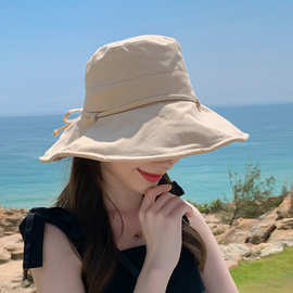适合海边拍照的帽子渔夫帽女遮阳可防晒大帽檐棉麻盆帽草帽可折叠