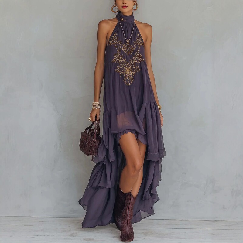 2026 European and American Style Independent Fashion Purple Embroidered High-Neck Sleeveless Ruffled Long Dress Cross-Border Fashion Dress 2026 European and American Style Independent Fashion Purple Embroidered High-Neck Sleeveless Ruffled Long Dress Cross-Border Fashion Dress