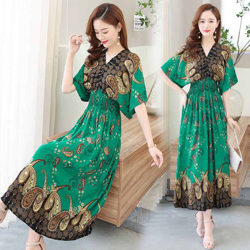 casual-elegant-retro-bohemian-style-v-neck-elastic-waist-large-swing-printed-long-skirt-autumn-summer-dress-for-woman-clothes