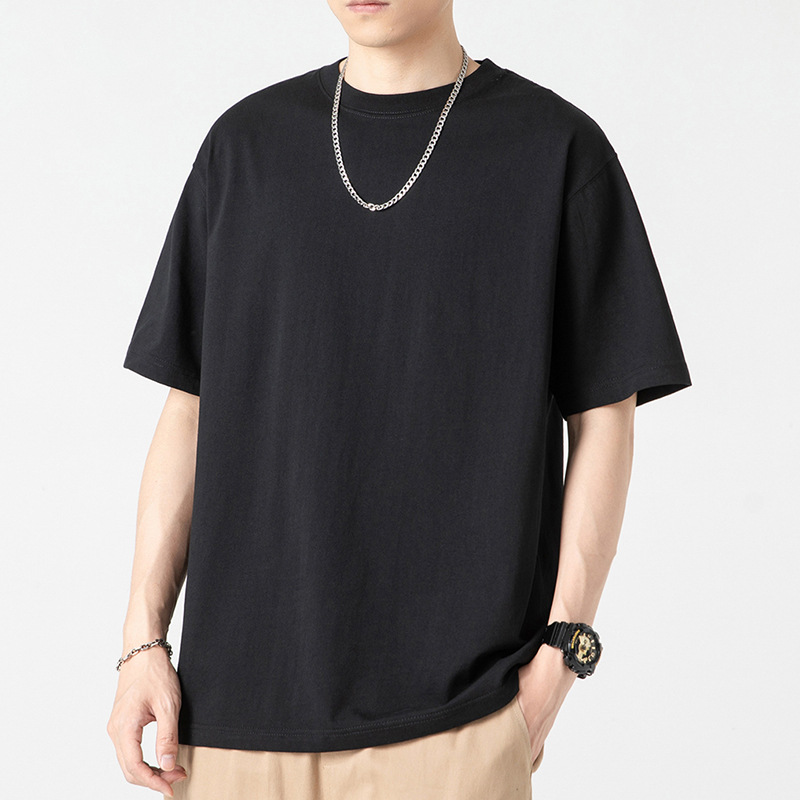 블랙 - 솔리드 컬러 반소매 - 면 100%