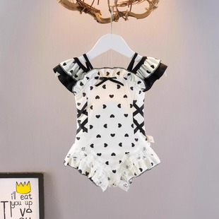 Girls Swimsuit 2025 New Summer Kidsren's Swimsuit Little Girl Fashionable Jumpsuit Small Peach Heart Knot Swimsuit Trendy