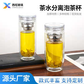 水晶盖茶水分离玻璃杯商务男双层隔热防爆礼盒车载办公茶杯男