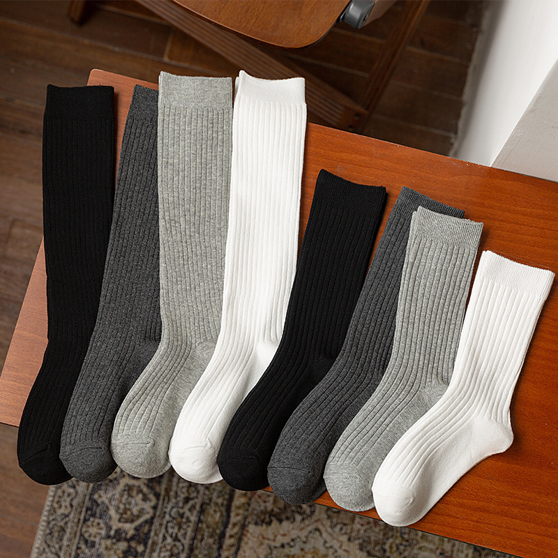 Grey Shallow Socks Women Solid Color Cotton Socks Ins Trendy Japanese Style Retro Vertical Stripe Stacked Socks Spring and Autumn Knee-length Stockings