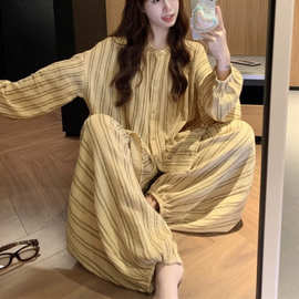 韩国ins女士秋冬新款简约舒适双层棉纱条纹灯笼裤家居服睡衣套装