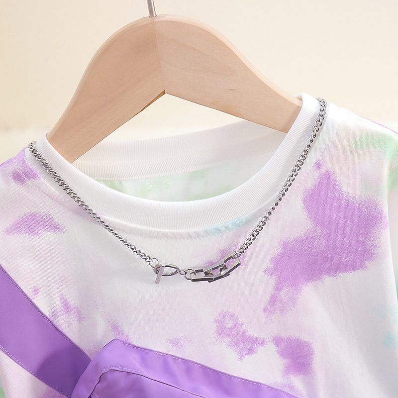 7817 Camiseta de manga corta de verano para niños nuevo estilo, bolso de hombro con personalidad guapo, top de media manga teñido anudado, vestido de verano para bebés