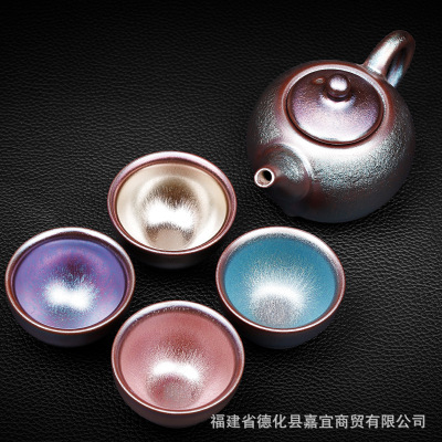 批發建陽建盞禮盒裝茶具套裝彩金油滴小套組壹壺四杯旅行茶具