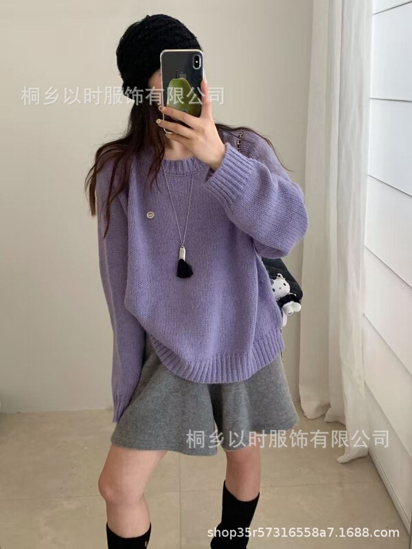 以时 25年秋冬新款韩系简约纯色圆领毛衣 糖果色软糯针织套头毛衣|undefined