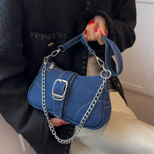 Denim baguette bag for women  new retro chain shoulder armpit bag niche high-end texture crossbody bag