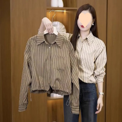 条纹短款衬衣女2025春季新款时尚衬衫宽松气质高级感收腰洋气小衫