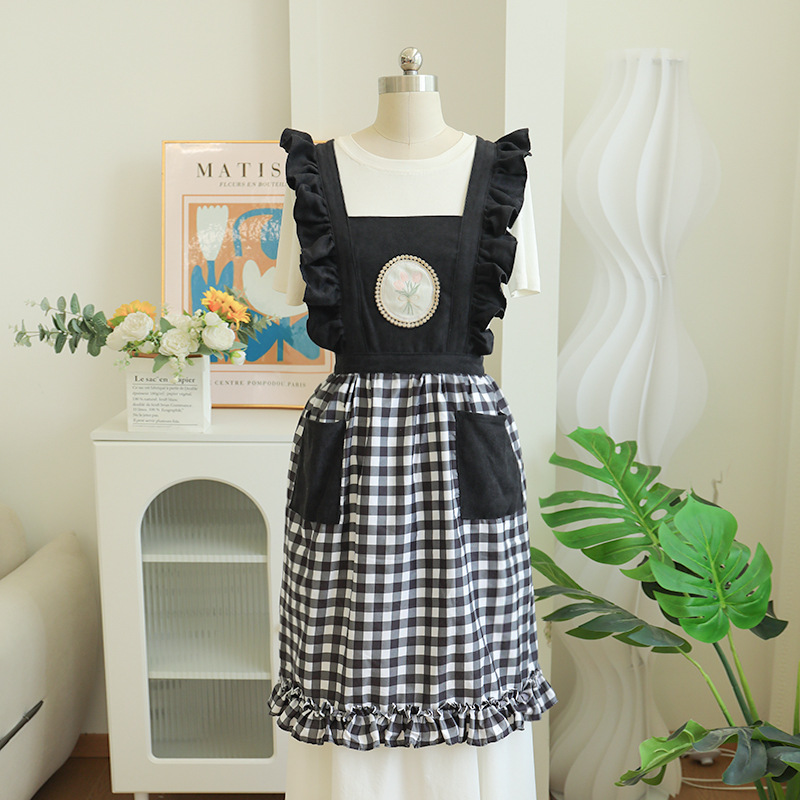 흑백 체크무늬 앞치마(러플)
