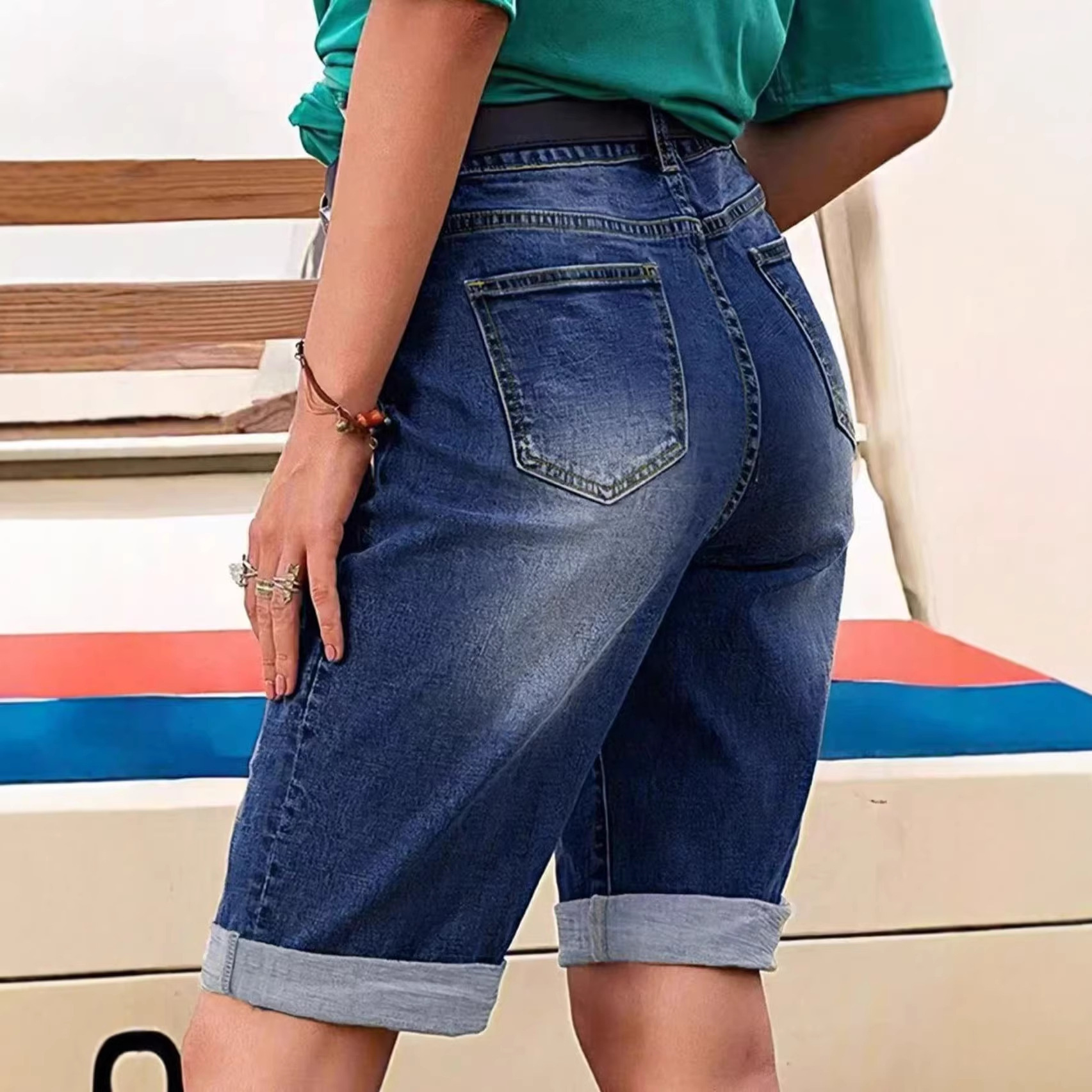 Jeans Capri con Roturas para Mujer, Mezclilla de Algodón y Poliéster, Ligeramente Elástico, Retro, para Uso Diario