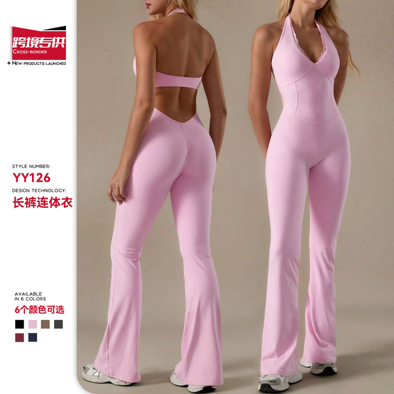 Cross-Border New Lace Neckline Yoga Wear Pants Running Sports Halterneck Jumpsuit Tights Yoga Pilates