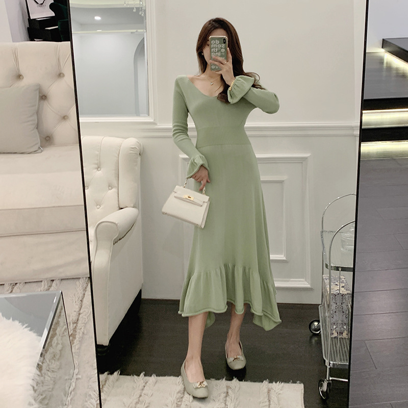 Mermaid Fishtail Elegant Bell Sleeve Dress/Wool Versatile French Skirt