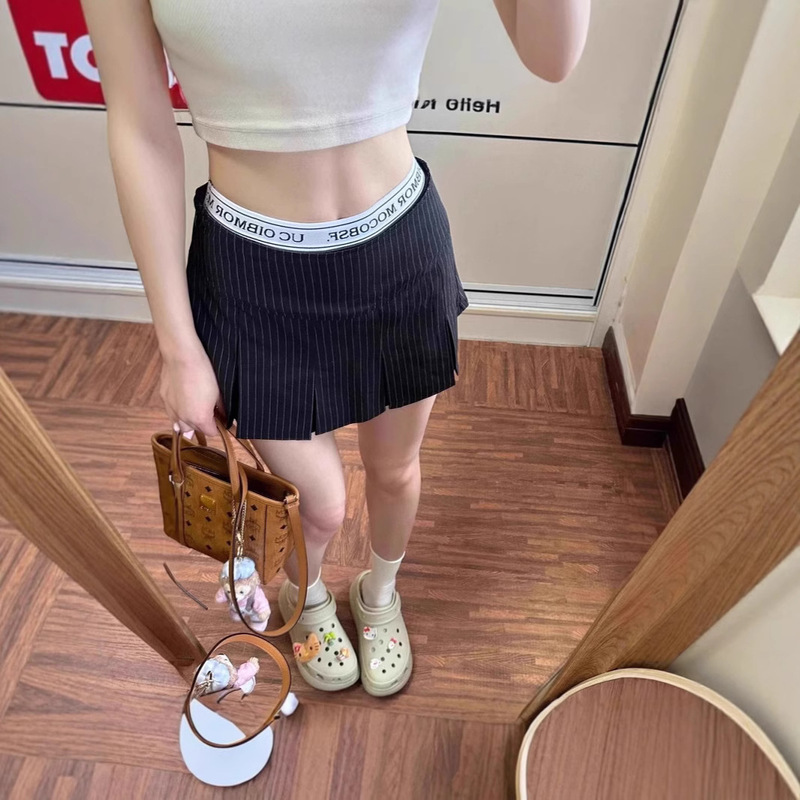 American Retro Stripesd Pleated Low-Waist Suit Skirt for Women in Summer Slimming Look Sweet and Spicy A-Line Hip-Hugging Skirt