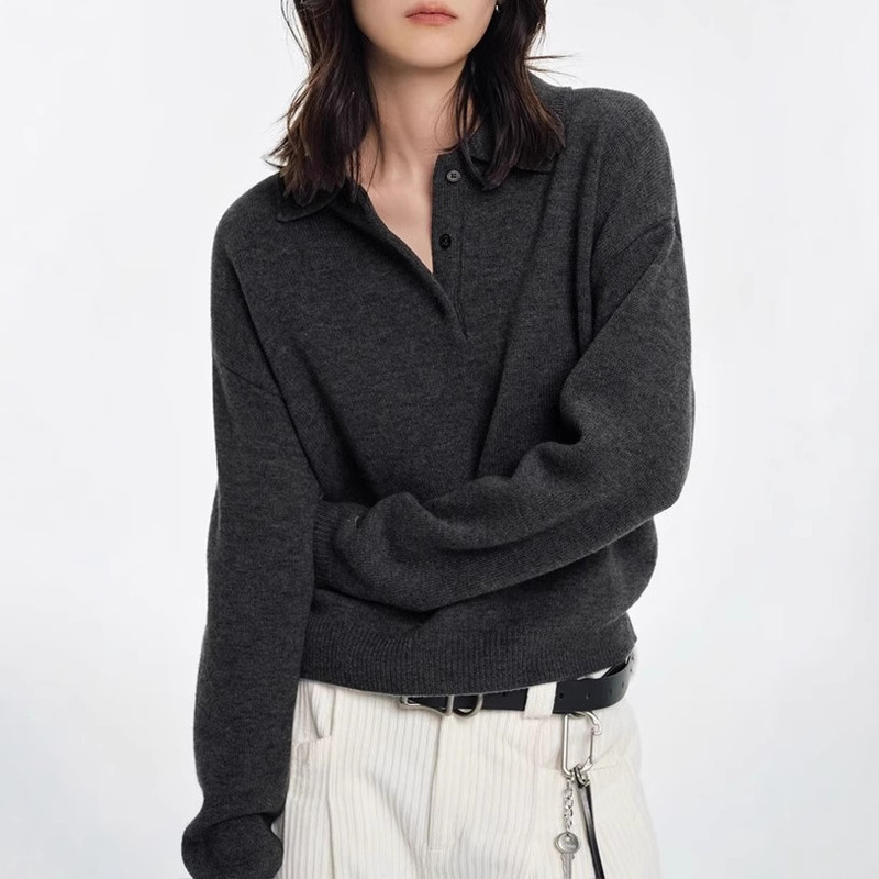 Gray Polo Collar Pullover Sweater for Women, Loose Fit for Autumn and Winter, Layered Base Top