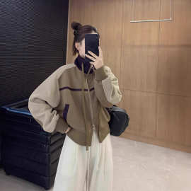 山力达迪欧货长袖设计感撞色拼接立领流行时尚气质短款双拉链开衫