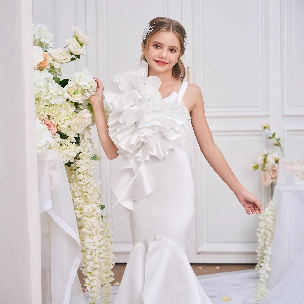 Europa y los Estados Unidos nuevos vestidos de noche de niños grandes vestidos de novia vestidos de niñas hombro único arrugado falda de cauda de pescado blanco vestido de niños