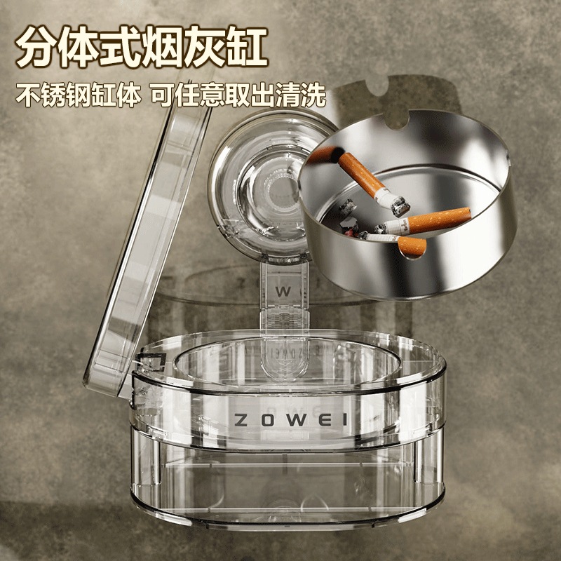Ceniciero de ventosa enciendedor de cajas de cigarrillos de balcón para almacenar tazón de cigarrillos de acero inoxidable incorporado con cubierta volante a prueba de viento