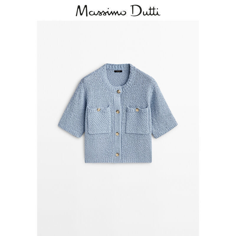 Massimodutti2026 Women's New Spring Style Blue Tweed-Style Textured Knitted Cardigan Short Jacket