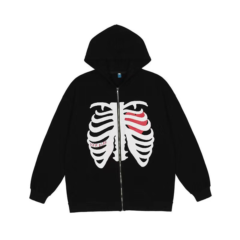 2023 New Cardigan Sweatshirt Side Pocket Skull Chest Bone Print Spring Autumn Fleece Hoodie Jacket_voghion.com