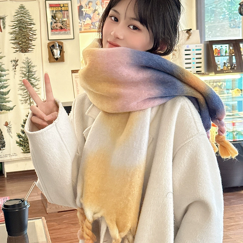 Rainbow winter universal keep warm scarf with tassels, gradient