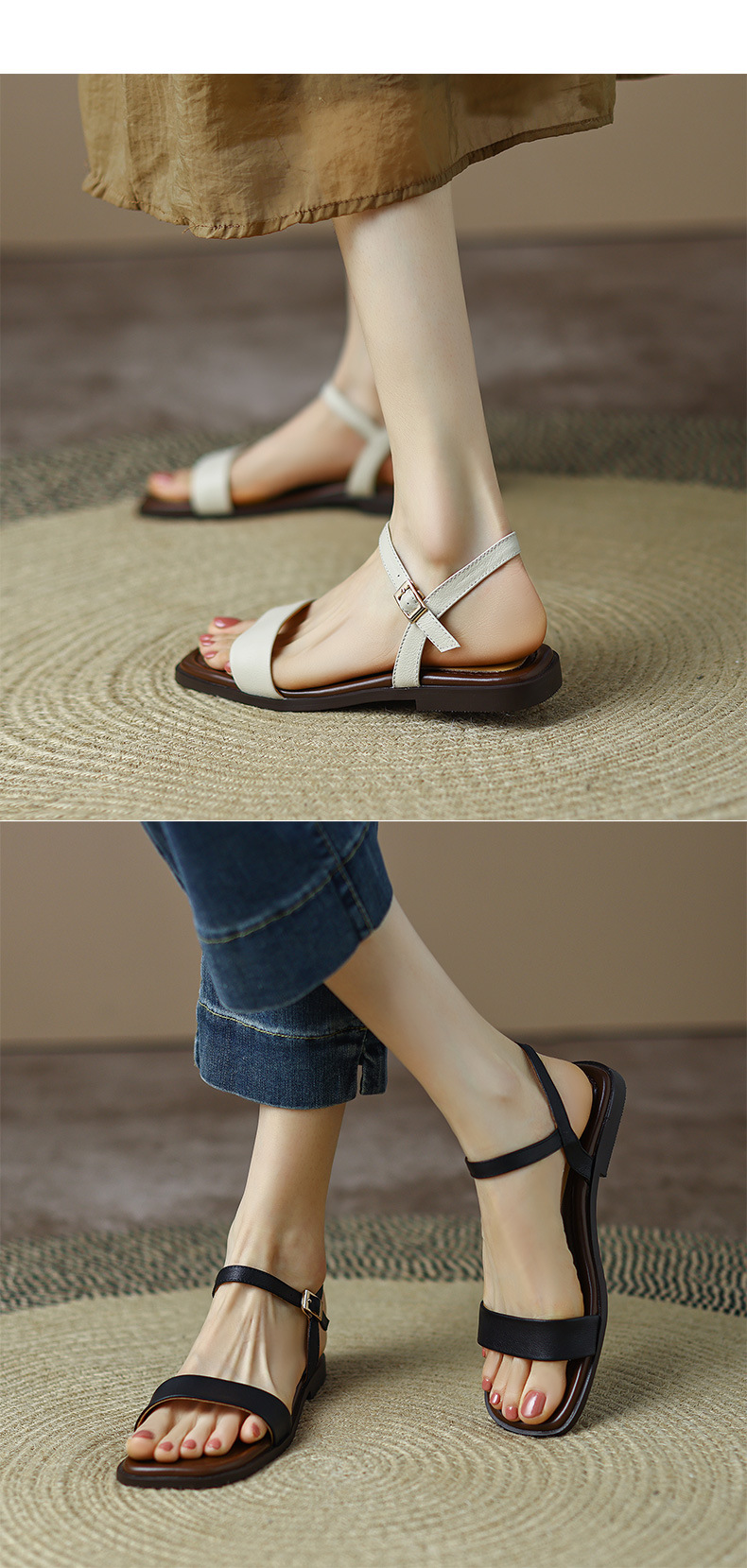 Sandal nữ quai ngang đế bệt hở mũi khóa gài đơn giản — Màu đen chi tiết 5
