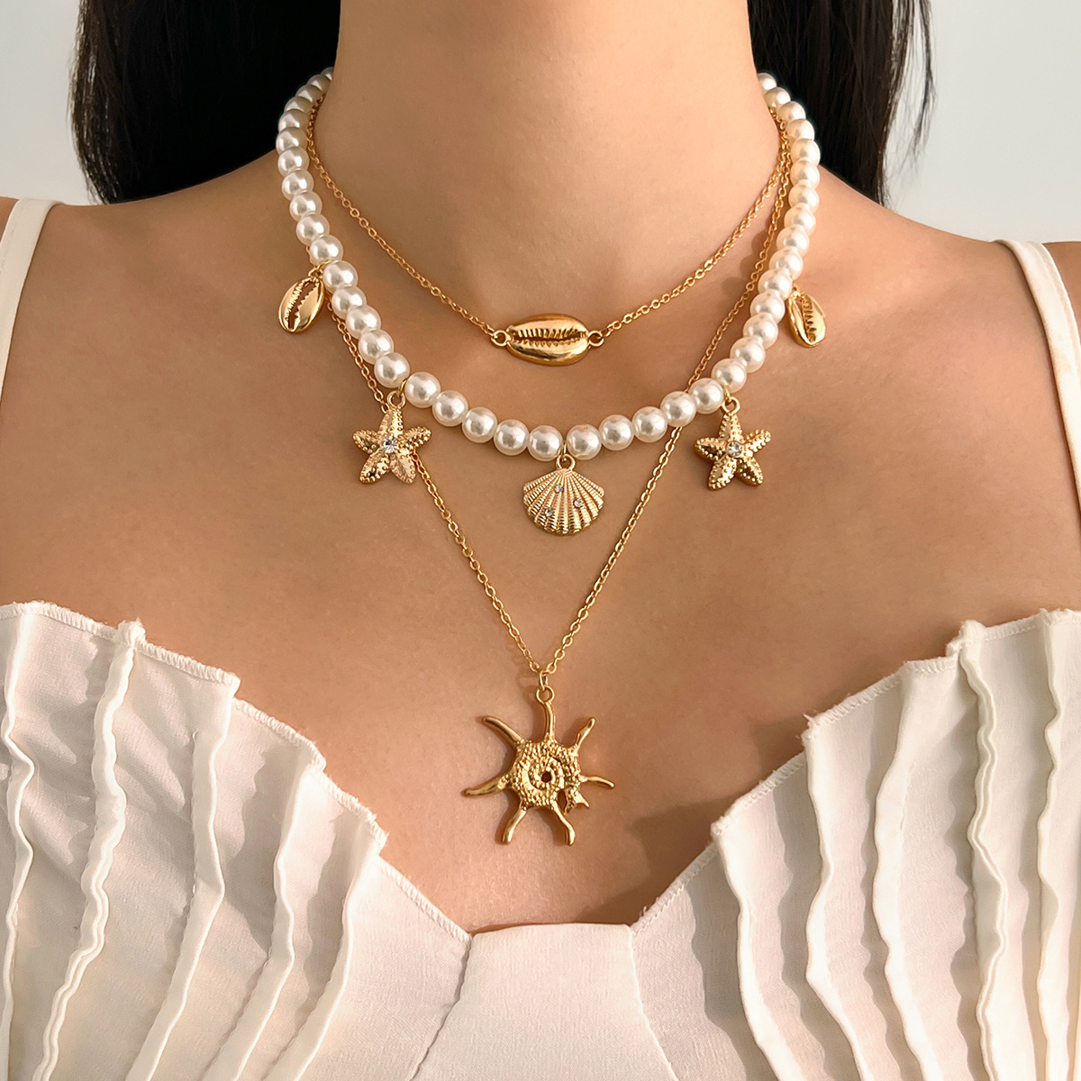 Necklace Classification Hawaiian Starfish Imitation Pearl Alloy Copper Beaded Chain Beaded Necklaces Wholesale