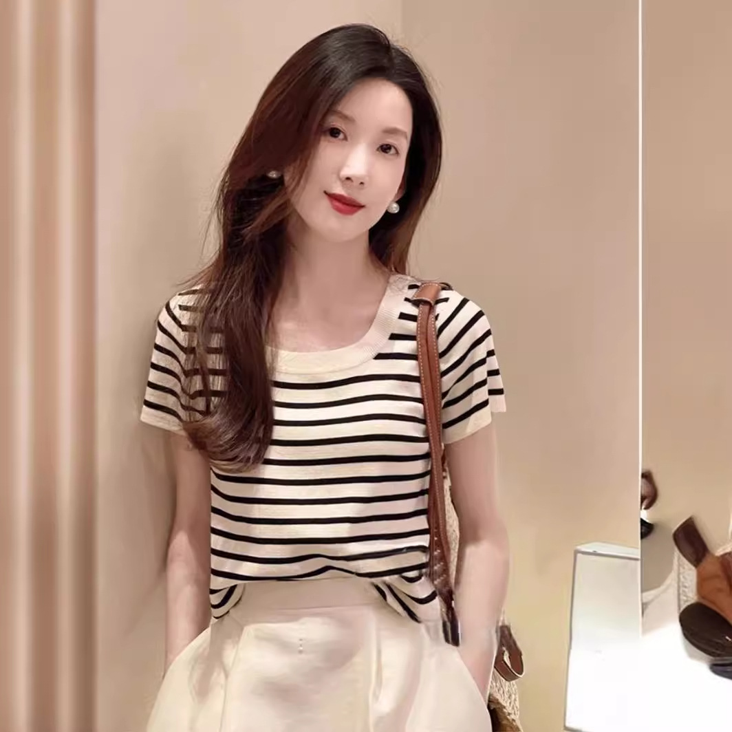 여름 텐셀 반팔 여성용 루즈 프렌치 스타일 작은 샹스타일 스트라이프 티셔츠 올 매치 심플 조끼