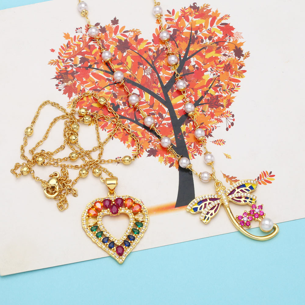 Fashion Heart Shape Dragonfly Copper Pendant Necklace Inlay Pearl Zircon Copper Necklaces