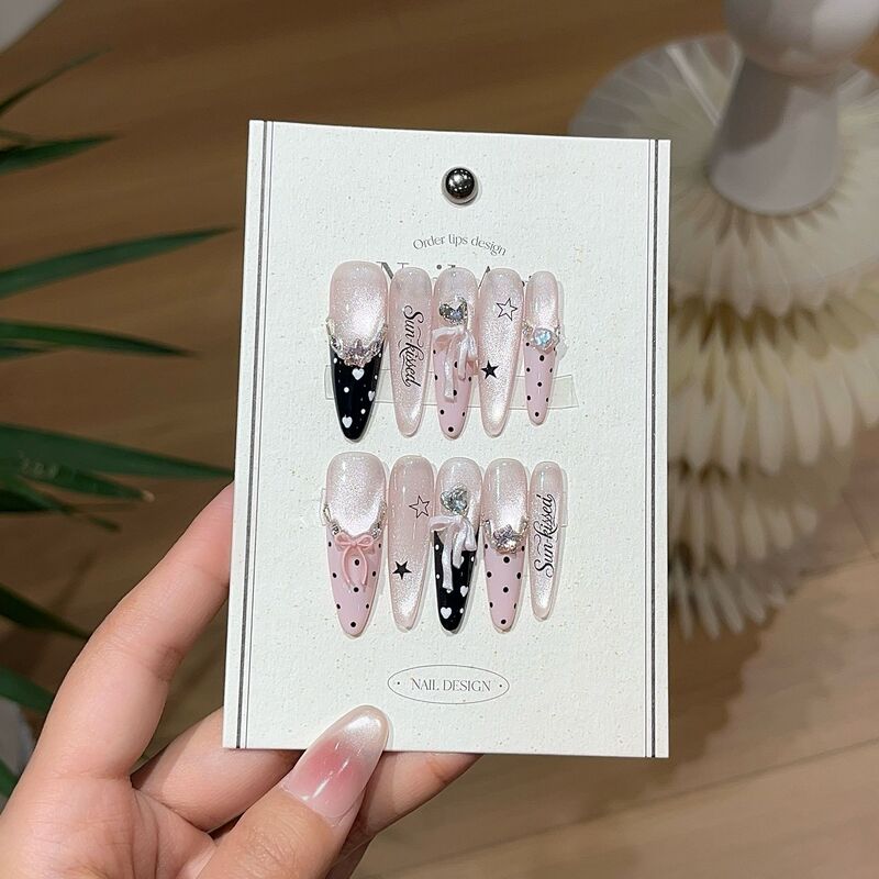 A Sweet and Cool Millennial-Style Ballet Polka Dot Black and Pink Bow French-Style Press-On Nail Set from [Black Pink Ballet Diary]
