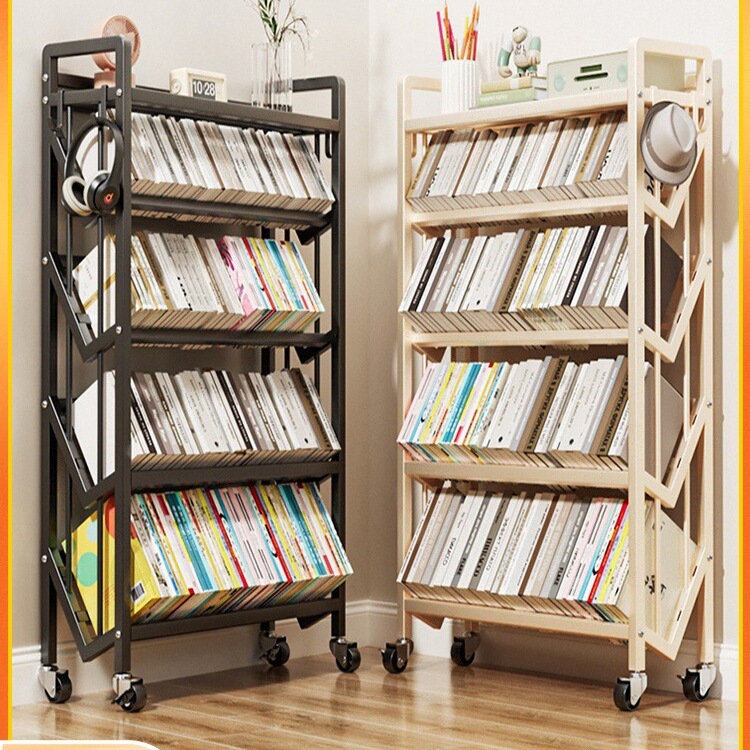 Bookshelf Floor-Standing Storage Rack with Wheels Integrated Wall-Mounted Mobile Children's Books Simple Multi-Layer Iron Storage Cabinet