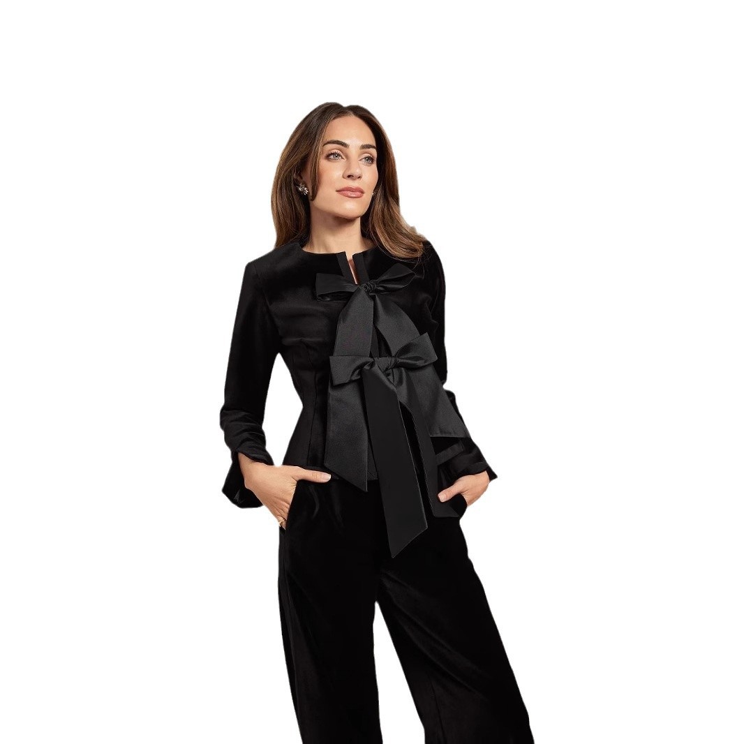 Autunno 2024 Stazione indipendente transfrontaliera europea americana Commercio estero Set fiocco nero elegante e aggraziato_voghion.com