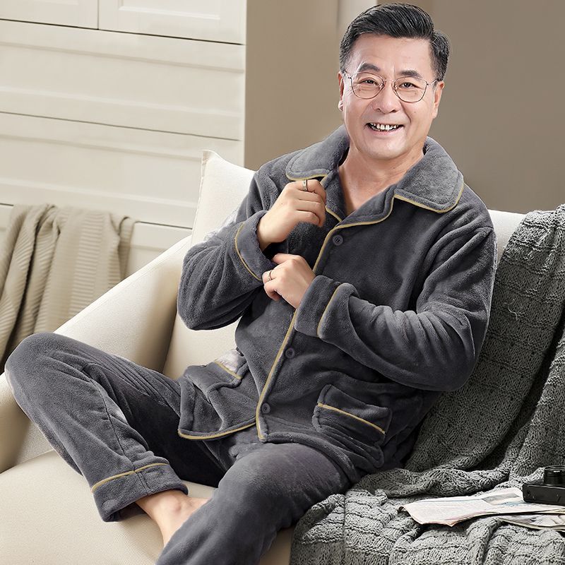 Hombres de mediana edad pijamas de terciopelo de coral otoño cuatro estaciones más terciopelo papá abuelo conjunto de ropa de franela para el hogar