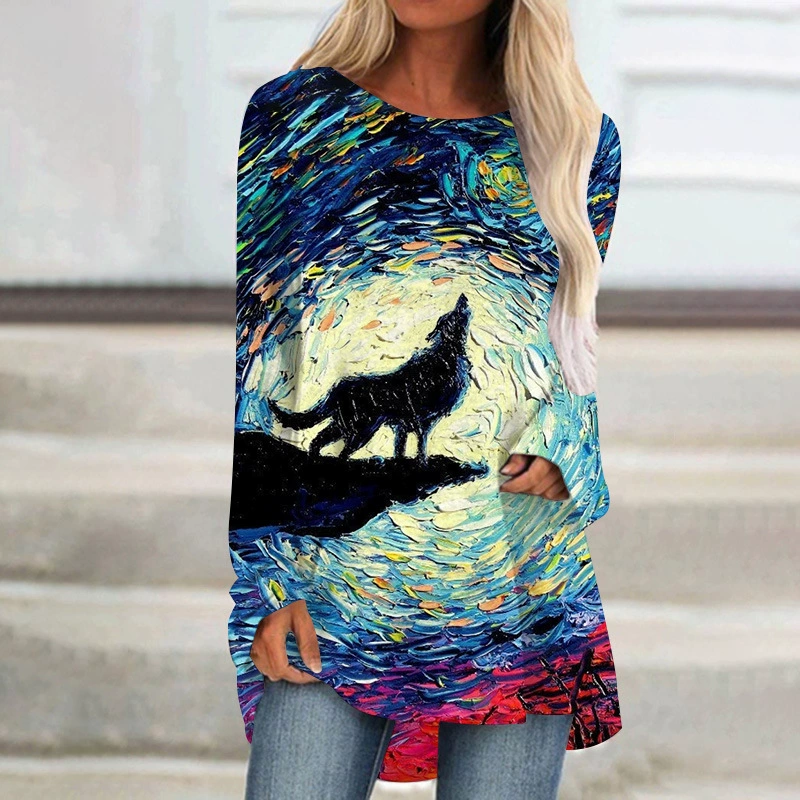 AliExpress Amazon весна и осень 3D цифровое женское платье с круглым вырезом и узором с длинным рукавом свободного кроя