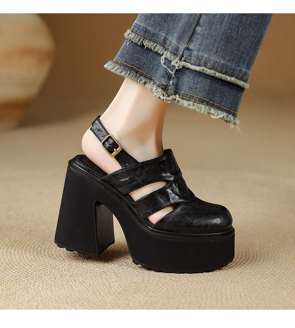 Sandal cao gót nữ đế dày quai ngang bọc da, gót 9 cm — màu nâu, màu đen chi tiết 8