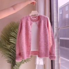 温柔紫色软糯毛衣开衫女宽松韩系春款慵懒毛绒感花线针织外套上衣