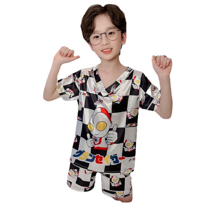 Pijamas de verano para niños de hielo de manga corta delgada de dibujos animados para niños pequeños adorables set de ropa de casa al por mayor