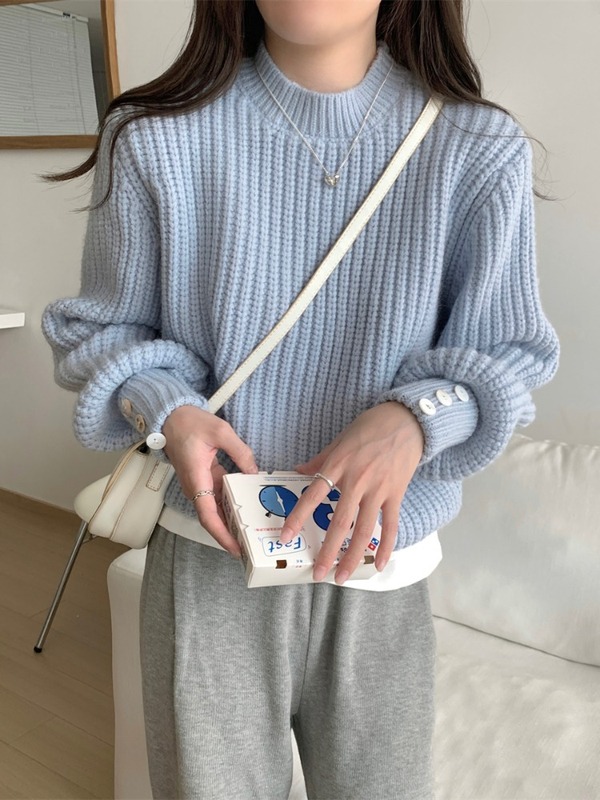 宽松软糯针织衫女秋冬季袖口纽扣内搭打底短款加厚毛衣温柔风上衣|undefined