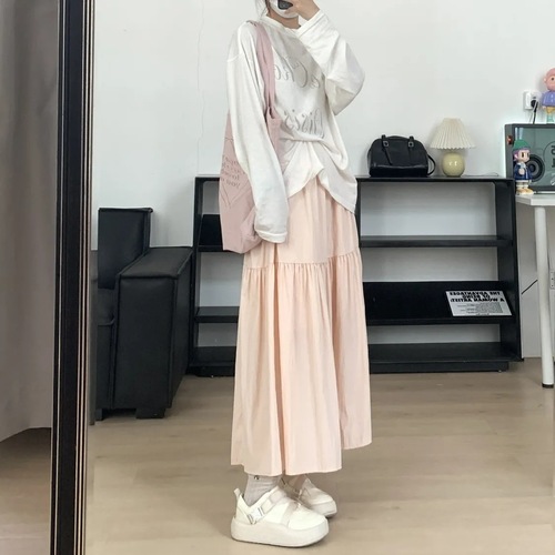 Anti-wrinkle casual Yamamoto skirt with pockets, high-waisted, slimming, cake skirt, literary and retro, versatile, parasol skirt, spring and summer