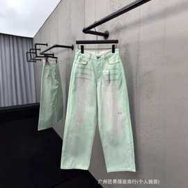 正确版本现货高品质AC家新款做旧手工夜光泥染涂料牛仔裤男女同款