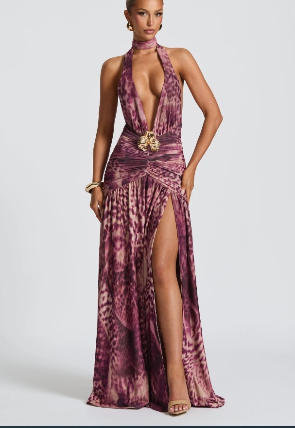 Women's Sexy Halter Neck Bodycon Maxi Dress With Low Back & Thigh Slit | Floral Print Ruffle Detail Lightweight & Flowy Fabric_ecoleips.com