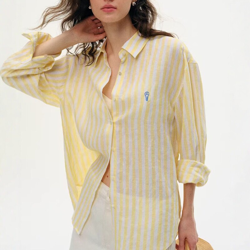 Who Taotao 100% Linen Striped Shirt Old Money Style Embroidered Casual Sun Protection Long-Sleeve Top Loose Jacket Who Taotao 100% Linen Striped Shirt Old Money Style Embroidered Casual Sun Protection Long-Sleeve Top Loose Jacket