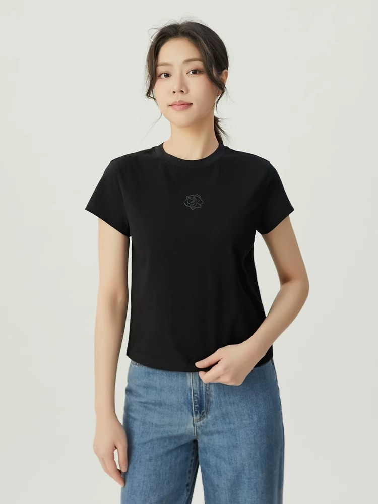 Áo thun nữ cổ tròn cotton thêu hoa hồng tay ngắn — Màu đen ngọt ngào chi tiết 20