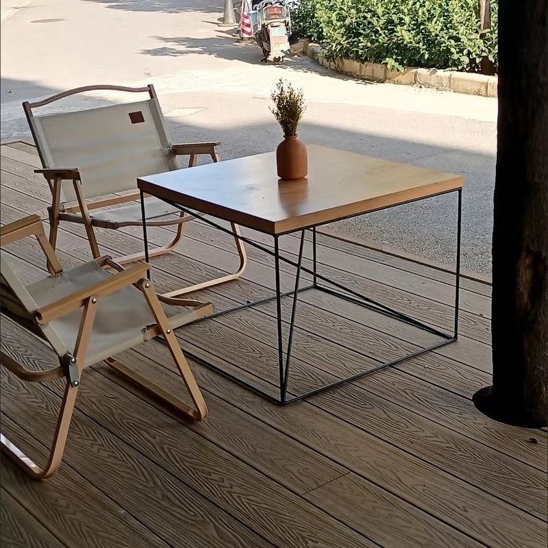 Trendy milk tea table for living room, ins-style iron and solid wood coffee table, Nordic sofa side table, minimalist square design