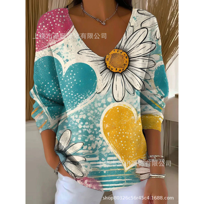 欧美跨境独立站新款3D印花女士时尚渐变色V领长袖T恤上衣|undefined