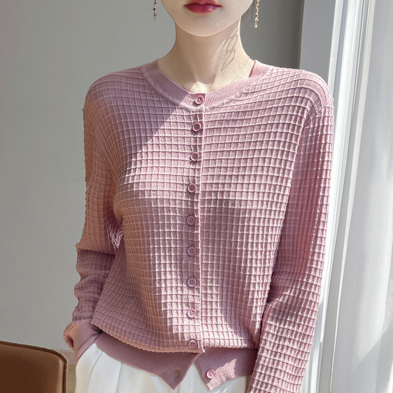 Early Autumn 2025 New Silk Wool Round Neck Knitted Cardigan Long-Sleeved Women's Waffle Loose Versatile Top